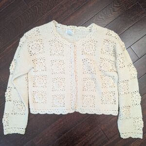 Vintage Moda Int’l Wool Angora Crochet Knit Rosette and Pearl Cardigan